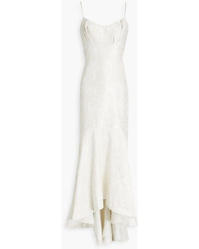 ML Monique Lhuillier Pleated Embellished Jacquard Maxi Dress - White