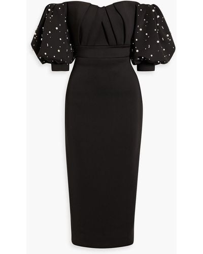 Badgley Mischka Off-the-shoulder Embellished Scuba Midi Dress - Black