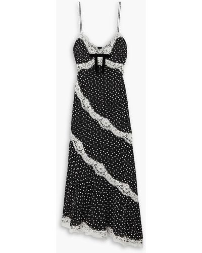 Alessandra Rich Asymmetric Lace-trimmed Printed Silk Midi Dress - Black