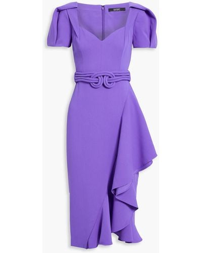 Badgley Mischka Belted Ruffled Crepe Midi Dress - Purple