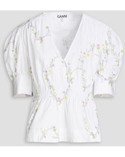 Ganni Shirred Floral-print Cotton-poplin Blouse - White
