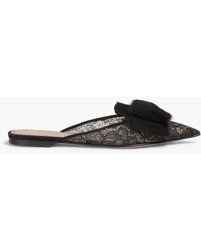 Red(V) Bow-embellished Corded Lace Slippers - Black