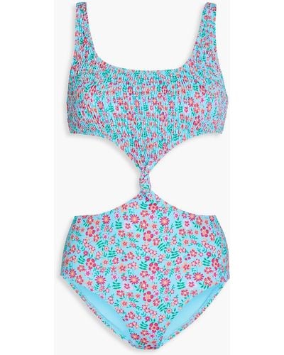 Solid & Striped Twisted Shirred Floral-print Swimsuit - Blue