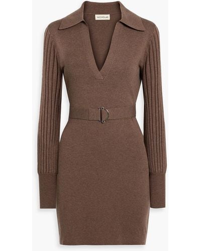 Nicholas Adara Belted Wool And Cotton-blend Mini Dress - Brown