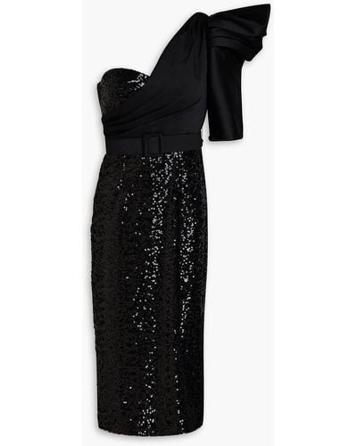 Badgley Mischka One-shoulder Satin-twill And Sequined Tulle Midi Dress - Black
