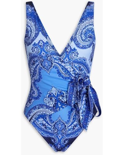 Zimmermann Wrap-effect Paisley-print Swimsuit - Blue