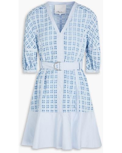 3.1 Phillip Lim Belted Checked Seersucker And Taffeta Mini Dress - Blue