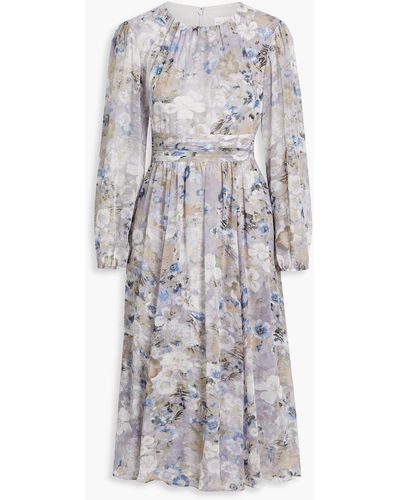 Mikael Aghal Gathered Floral-print Chiffon Midi Dress - White