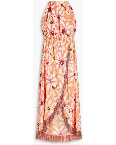 Sundress Fringed Wrap-effect Floral-print Linen Halterneck Midi Dress - Orange