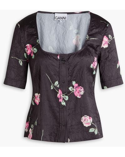 Ganni Bluse aus satin in knitteroptik mit floralem print - Schwarz