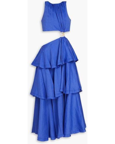 Aje. Embellished Tiered Cutout Linen-blend Midi Dress - Blue