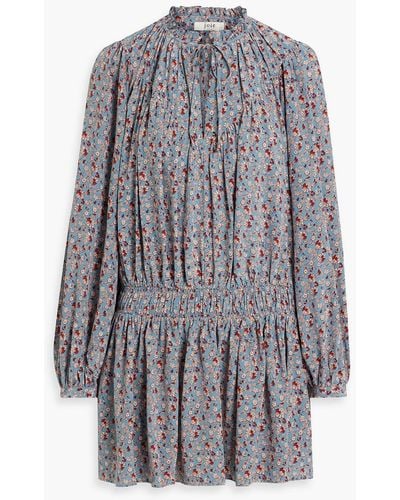 Joie Essex Shirred Floral-print Silk Crepe De Chine Mini Dress - Gray