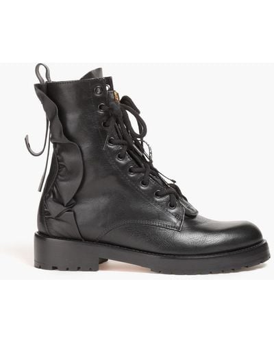 Red(V) Ruffled Leather Combat Boots - Black