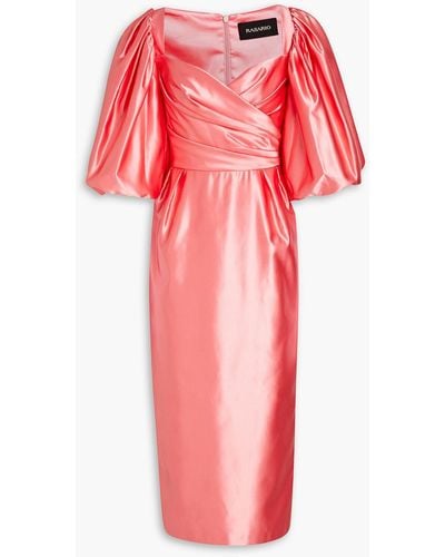 Rasario Ruched Sateen Midi Dress - Red