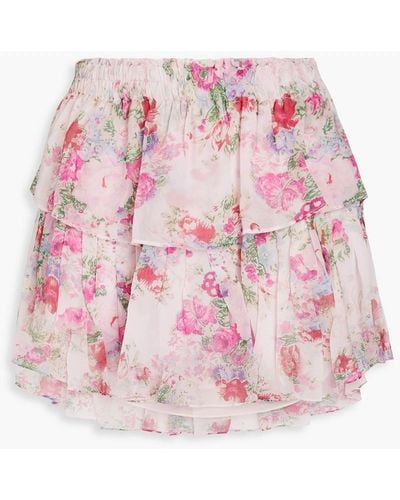 LoveShackFancy Tiered Floral-print Georgette Mini Skirt - Pink