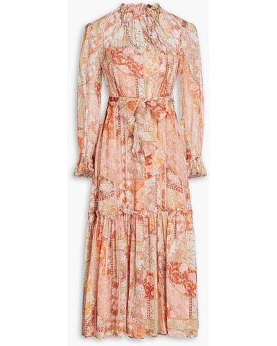 Zimmermann Gathered Floral-print Georgette Midi Dress - Pink