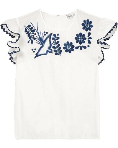 RED Valentino Lace-trimmed Embroidered Cotton Blouse - Blue