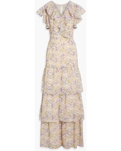 Mikael Aghal Tiered Floral-print Broderie Anglaise Maxi Dress - Natural