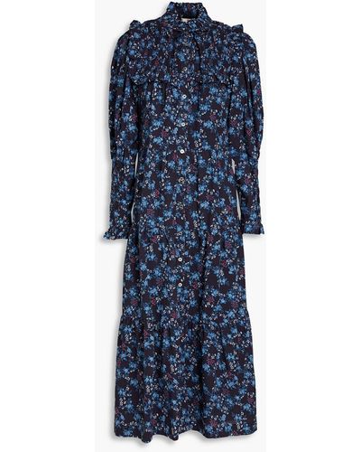 Sea Tilly Ruffled Floral-print Cotton-seersucker Midi Dress - Blue