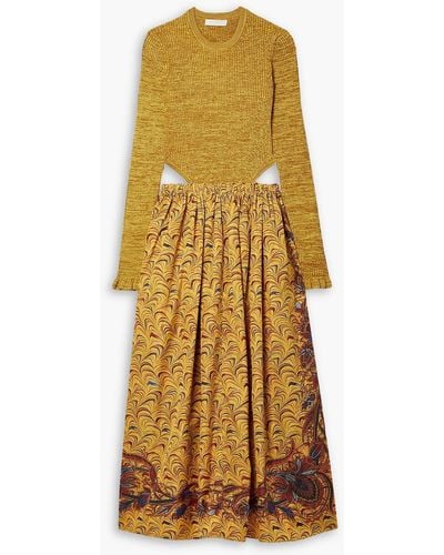 Ulla Johnson Marcellina Cutout Printed Ribbed-knit And Taffeta Midi Dress - Yellow