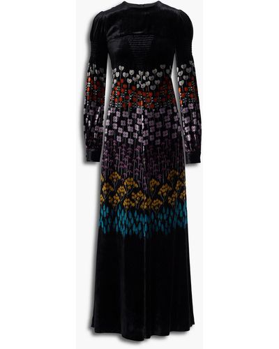 Valentino Garavani Smocked Floral-print Velvet Maxi Dress - Black