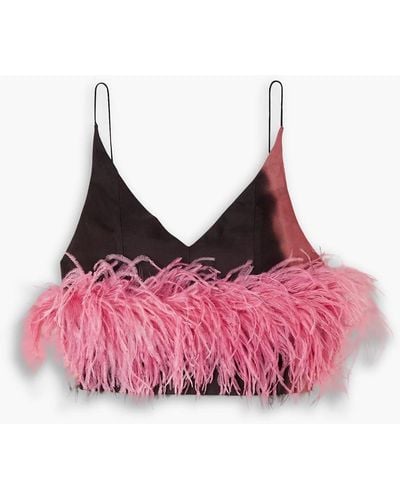 16Arlington Feather-embellished Cropped Satin-twill Camisole - Red
