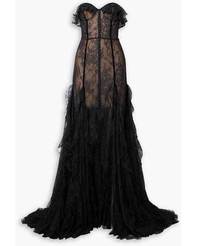 Costarellos Rosaline Strapless Velvet-trimmed Ruffled Lace Gown - Black
