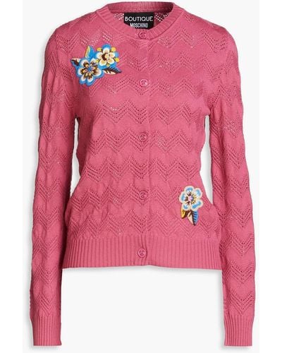 Boutique Moschino Floral-appliquéd Pointelle-knit Wool Cardigan - Pink