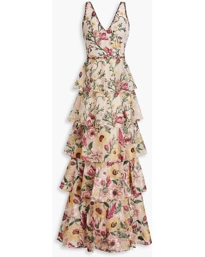 Marchesa Tiered Embroidered Tulle Gown - Natural