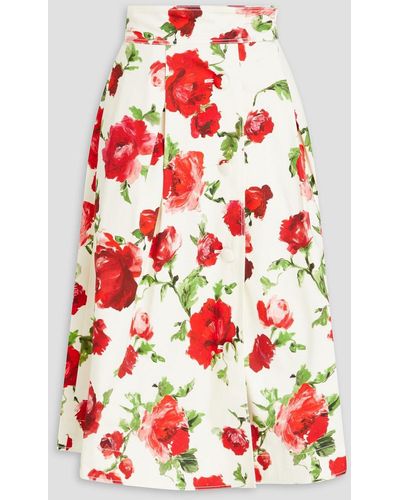 Carolina Herrera Pleated Floral-print Cotton-blend Midi Skirt - Red