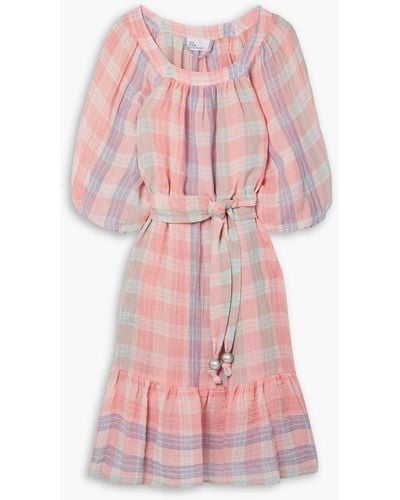 Lisa Marie Fernandez Laure Belted Checked Linen-blend Gauze Midi Dress - Pink