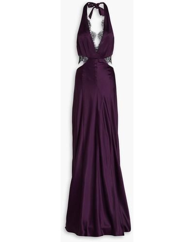 Nicholas Kylie Cutout Lace-trimmed Satin Halterneck Gown - Purple