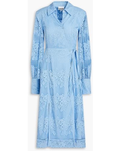 Ganni Corded Lace And Crochet Midi Wrap Dress - Blue