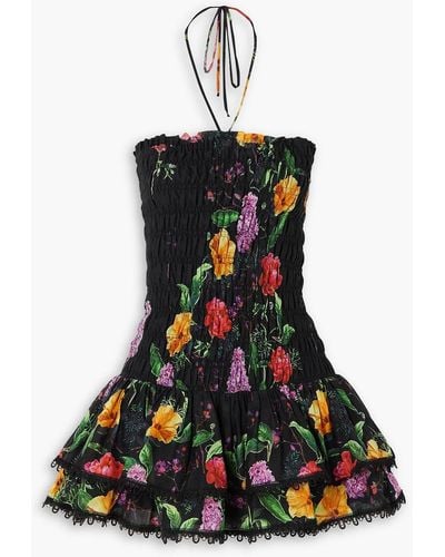 Charo Ruiz Cusia Shirred Floral-print Cotton-blend Voile Mini Dress - Black