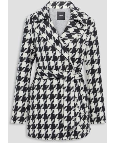 Theory Belted Houndstooth Brushed Wool-blend Coat - Black