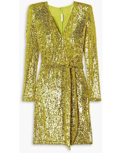 Naeem Khan Belted Sequined Stretch-tulle Mini Dress - Yellow
