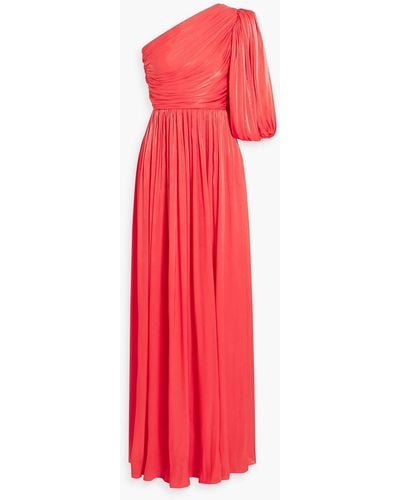 Costarellos One-sleeve Draped Satin-jacquard Gown - Red