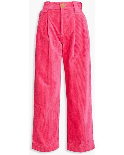 Ganni Pleated Organic Cotton-blend Corduroy Straight-leg Pants - Pink