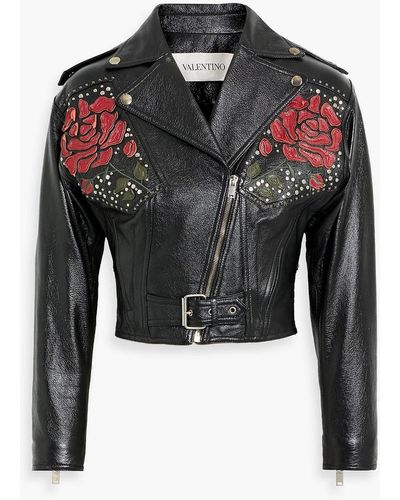 Valentino Garavani Cropped Embellished Leather Biker Jacket - Black