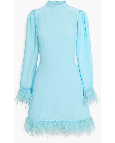 HVN Tate Feather-trimmed Crepe And Chiffon Mini Dress - Blue