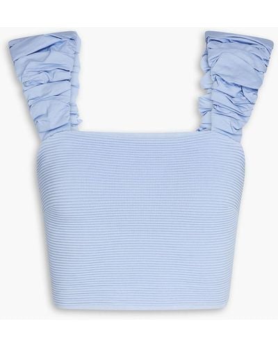 Aje. Allard Cropped Ruched Ribbed-knit And Taffeta Top - Blue