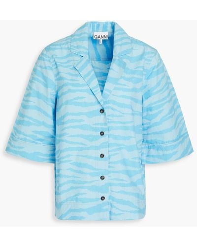 Ganni Tiger-print Cotton-poplin Shirt - Blue