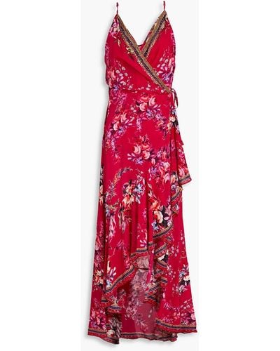Camilla Maxi-wickelkleid aus seide floralem print und zierperlen - Rot