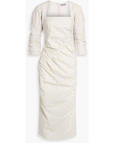Ganni Pleated Crinkled Cotton-poplin Midi Dress - White