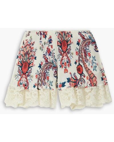 Rabanne Lace-trimmed Floral-print Plissé-crepe De Chine Shorts - White