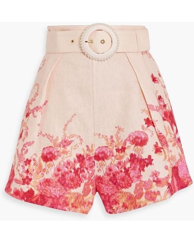 Zimmermann Belted Pleated Floral-print Linen Shorts - Red