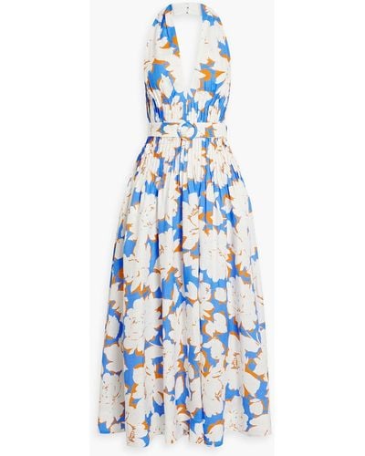Nicholas Calliope Pintucked Floral-print Linen Halterneck Maxi Dress - Blue