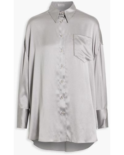 Brunello Cucinelli Bead-embellished Silk-blend Satin Shirt - Grey