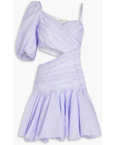 Sandro One-sleeve Cutout Linen-blend Gauze Mini Dress - Purple