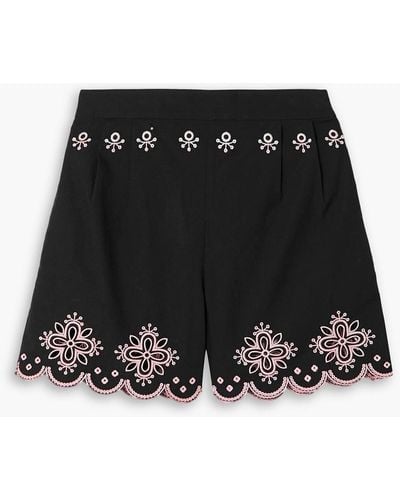 Saloni Paige Scalloped Embroidered Cotton Shorts - Black